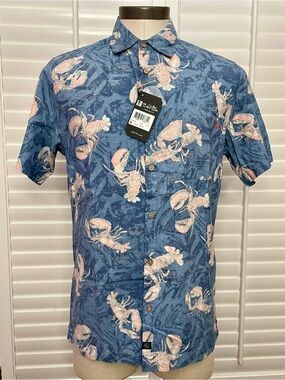 Salt Life Blue Short Sleeve Button-Up Shirt with Pink Lobster Print